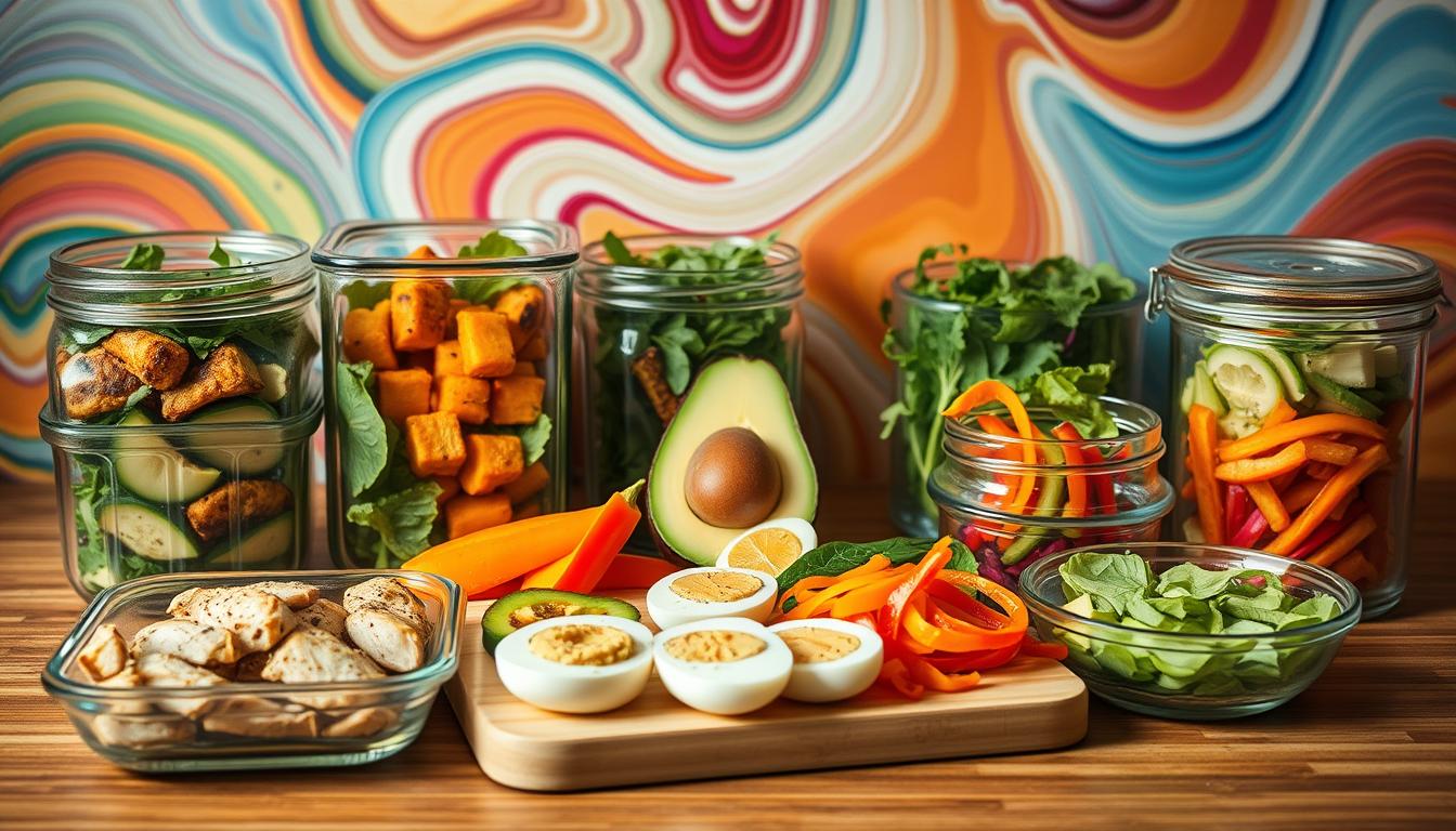 A well-organized and visually appealing kitchen counter displays an assortment of low-carb lunch components. In the foreground, there are glass containers filled with grilled chicken, roasted vegetables, and fresh salad greens. In the middle ground, a cutting board showcases sliced avocado, hard-boiled eggs, and colorful bell pepper strips. The background features a vibrant backdrop of swirling colors, creating a dynamic and energetic atmosphere. The lighting is warm and natural, highlighting the textures and colors of the fresh ingredients. The overall scene conveys a sense of healthy, meal-prep organization, perfect for a quick and nutritious low-carb lunch.