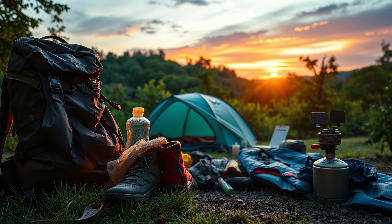 A well-organized campsite with essential gear for outdoor weight loss adventures. In the foreground, a sturdy backpack, hiking boots, and a water bottle. In the middle ground, a lightweight tent, sleeping bag, and a portable stove. In the background, lush green foliage and a vibrant sunset sky, creating a serene and invigorating atmosphere. The scene is bathed in warm, natural lighting, captured with a wide-angle lens to emphasize the overall setting. The overall mood is one of adventure, exploration, and a commitment to a healthier lifestyle through outdoor activities.
