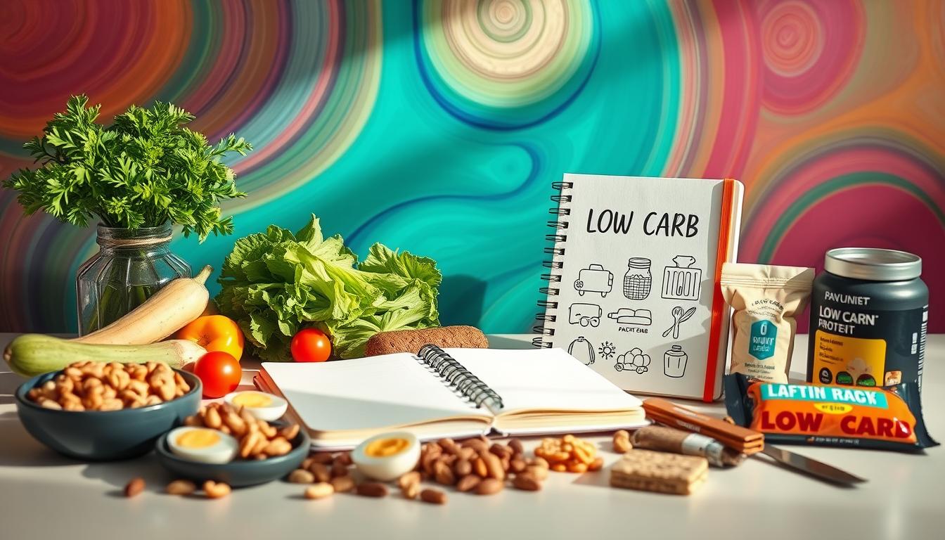 A well-organized desk featuring a journal with a hand-drawn cover design, various healthy low-carb snacks neatly arranged, and a vibrant swirling color palette in the background. The journal's cover depicts icons representing macronutrient tracking, portion control, and healthy lifestyle choices. The snacks include fresh vegetables, nuts, hard-boiled eggs, and low-carb protein bars, all beautifully presented on the desk's surface. The lighting is soft and natural, creating a calming, focused atmosphere. The overall composition conveys a sense of progress, organization, and a commitment to a healthy, low-carb lifestyle.