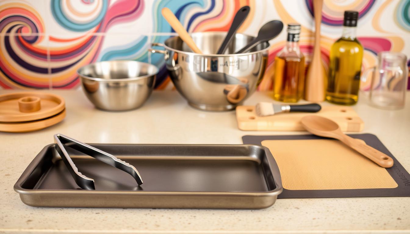 A well-organized kitchen counter staged with an assortment of essential sheet pan cooking tools. In the foreground, a sturdy sheet pan with a non-stick coating, metal tongs, and a silicone baking mat. In the middle ground, a high-quality chef's knife, a stainless steel mixing bowl, and a set of measuring cups and spoons. In the background, a wooden spoon, a basting brush, and a jar of olive oil against a backdrop of vibrant swirling colors, creating a warm and inviting atmosphere for the home chef.