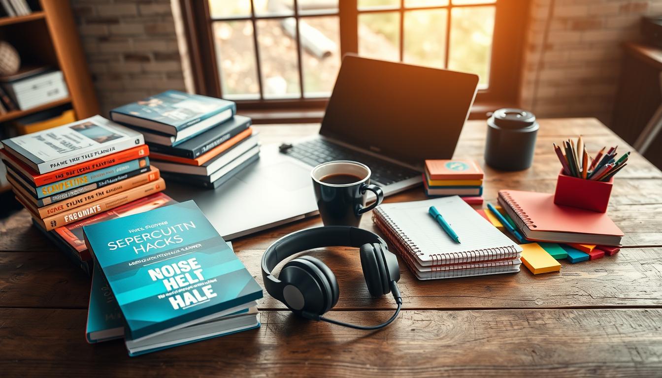 A well-stocked productivity hacks toolkit arranged on a rustic wooden table. In the foreground, an array of inspiring self-help books, a sleek pair of noise-cancelling headphones, and a stylish planner with vibrant accents. In the middle, a high-quality laptop, a cup of aromatic coffee, and a set of colorful sticky notes. In the background, a large window lets in warm, natural lighting, casting a soft glow over the scene. The overall atmosphere exudes a sense of focus, organization, and a commitment to maximizing efficiency and well-being.