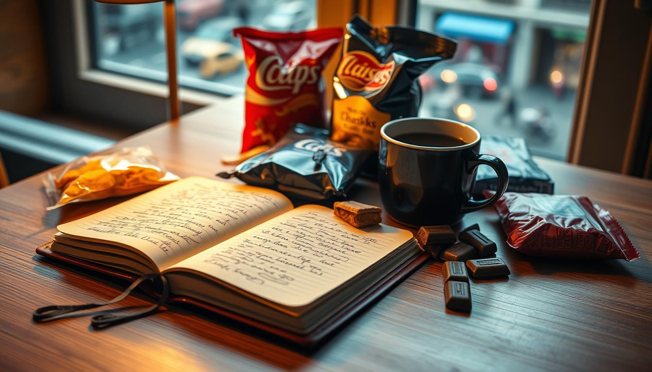 A well-worn leather-bound journal lies open on a wooden desk, its pages filled with handwritten notes and scribbles. Surrounding it, a collection of snacks and treats - bags of chips, chocolate bars, and a steaming mug of coffee - suggest a scene of stress-induced indulgence. The warm, vibrant lighting casts a cozy glow, hinting at the emotional weight behind this act of "stress eating." In the background, a window offers a glimpse of a bustling city street, a reminder of the external pressures that may have led to this moment of self-soothing. The composition invites the viewer to consider the complex relationship between stress, cravings, and our attempts to find comfort in food. A well-worn leather-bound journal lies open on a wooden desk, its pages filled with handwritten notes and scribbles. Surrounding it, a collection of snacks and treats - bags of chips, chocolate bars, and a steaming mug of coffee - suggest a scene of stress-induced indulgence. The warm, vibrant lighting casts a cozy glow, hinting at the emotional weight behind this act of "stress eating." In the background, a window offers a glimpse of a bustling city street, a reminder of the external pressures that may have led to this moment of self-soothing. The composition invites the viewer to consider the complex relationship between stress, cravings, and our attempts to find comfort in food.