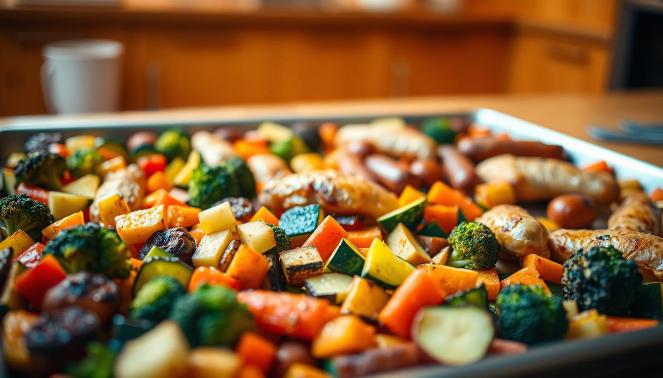 A wide, well-lit sheet pan filled with an array of roasted vegetables and proteins, arranged in a visually appealing and appetizing manner. The foreground features a variety of colorful, freshly chopped vegetables such as broccoli, carrots, and zucchini, alongside tender chicken thighs or sausages. The middle ground showcases the caramelized edges and vibrant colors of the roasted items, while the background features a softly blurred, warm-toned kitchen setting, hinting at the cozy, welcoming atmosphere. The entire scene is bathed in a soft, natural light, with a subtle, swirling, vibrant color palette that complements the flavors and textures of the one-pan meal. The overall composition conveys the simplicity, convenience, and deliciousness of this quick and healthy sheet pan dinner.