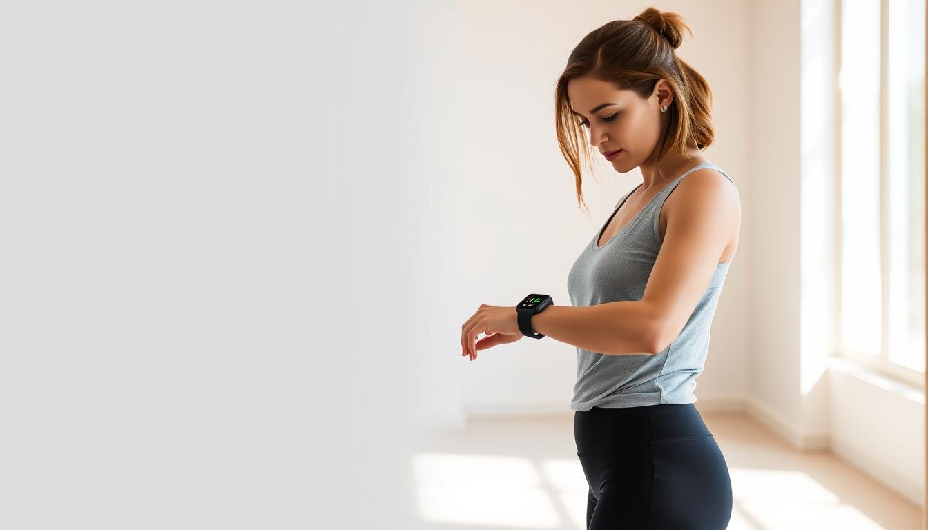 A woman in her 30s, wearing a light gray tank top and black leggings, standing in a bright, airy room with large windows. Her expression is focused, yet serene, as she gazes down at her wrist, where a smartwatch displays her fasting progress. The room is bathed in warm, natural light, casting a soft glow on her face. The background is minimalist, with clean lines and a muted color palette, allowing the subject to be the central focus. The overall atmosphere conveys a sense of discipline, commitment, and the journey towards weight loss through intermittent fasting.