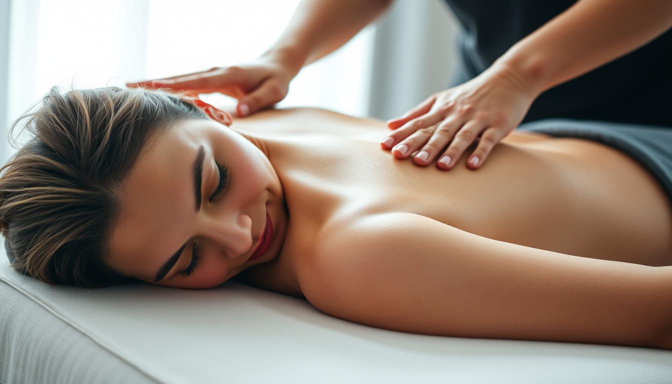 A woman lying on a massage table, her face in a state of deep relaxation as a skilled therapist's hands gently manipulate the soft tissues of her back. Soft, diffused lighting illuminates the scene, creating a serene and calming atmosphere. The therapist's movements are fluid and intentional, illustrating the practice of myofascial release - a vibrant, targeted approach to alleviating muscle tension and restoring mobility. The woman's expression conveys a sense of relief and renewed vitality, reflecting the restorative power of this professional treatment. A woman lying on a massage table, her face in a state of deep relaxation as a skilled therapist's hands gently manipulate the soft tissues of her back. Soft, diffused lighting illuminates the scene, creating a serene and calming atmosphere. The therapist's movements are fluid and intentional, illustrating the practice of myofascial release - a vibrant, targeted approach to alleviating muscle tension and restoring mobility. The woman's expression conveys a sense of relief and renewed vitality, reflecting the restorative power of this professional treatment.