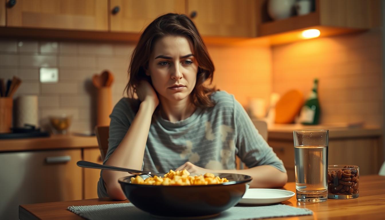 A woman sits at a kitchen table, a steaming bowl of comfort food in front of her. Her expression is one of melancholy, as she reflects on her emotional eating patterns. The soft lighting casts a warm, vibrant glow, creating an intimate, introspective atmosphere. In the background, various healthy snacks and a glass of water hint at her desire to break the craving cycle through a new daily routine. The scene conveys the struggle to find balance between indulgence and self-care, capturing the essence of the "Breaking the Craving Cycle Through Routine" section.
