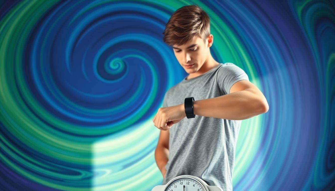 A young person standing on a scale, focused expression, tracking their progress with a wearable fitness tracker on their wrist. Vibrant swirling colors of blues, greens, and purples in the background, creating a sense of energy and motion. Soft, natural lighting illuminates the scene, highlighting the determination and resilience of the individual. The composition is balanced, with the person centered and the background elements framing them. An atmosphere of positivity and personal growth pervades the image, conveying the idea of overcoming setbacks and staying on track.