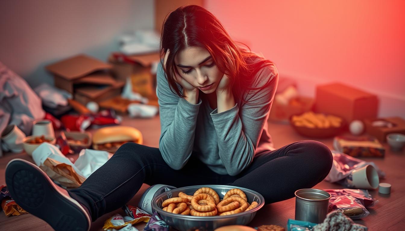 A young woman sits on the floor, her head in her hands, surrounded by an array of comfort foods. The scene is bathed in a warm, vibrant glow, with soft lighting casting shadows across her pensive expression. In the background, a clutter of discarded wrappers and empty containers hints at the emotional turmoil she's experiencing. The composition conveys a sense of isolation and the overwhelming need to find solace in the temporary comfort of unhealthy eating habits. The woman's posture and facial expression exude a profound sense of stress and emotional distress, highlighting the psychological drivers behind her behavior.