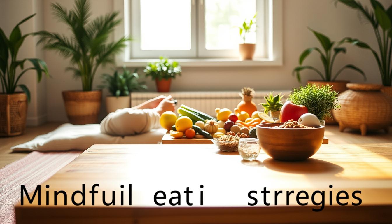 A zen-like scene of mindful eating strategies. In the foreground, a person sitting cross-legged on a plush cushion, savoring a healthy snack thoughtfully. Soft natural lighting filters through a window, casting a warm glow. In the middle ground, an assortment of fresh fruits, vegetables, and whole grains arranged artfully on a wooden table. The background features a minimalist, serene interior with potted plants and natural textures, conveying a sense of tranquility. The overall mood is vibrant, peaceful, and conducive to mindful, intentional eating.