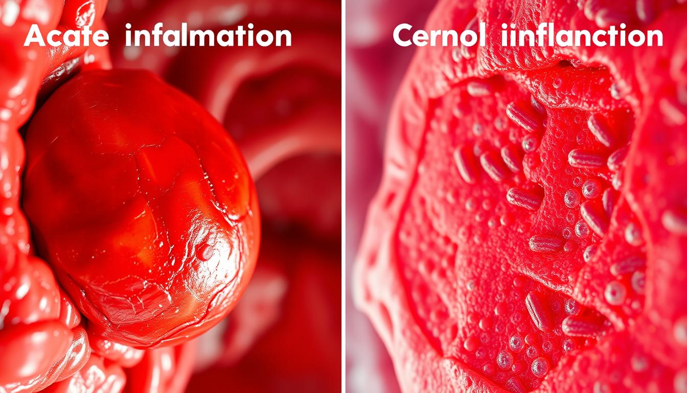 Acute inflammation: A close-up view of a swollen, reddened area with visible capillaries and increased blood flow. Chronic inflammation: A wider scene showcasing a tissue affected by long-term inflammatory response, with visible structural changes and immune cell infiltration. Both scenes feature vibrant, realistic textures and lighting, captured through a high-resolution, macro lens for a detailed, scientific illustration style.