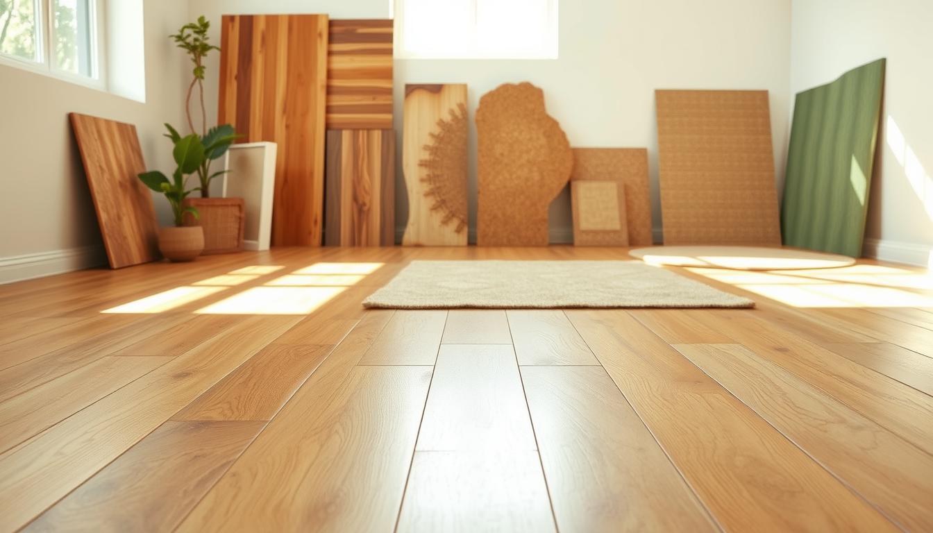 An airy, sunlit room showcases a diverse array of eco-friendly flooring materials. In the foreground, sleek bamboo planks shine with a natural luster, their warm tones complementing the earthy ambiance. Surrounding them, reclaimed hardwood panels display the character of their weathered grain, while cork tiles in a vibrant shade of green offer a resilient, sustainable option. In the background, a cluster of natural fiber rugs in muted hues add softness and texture, completing the harmonious, nature-inspired scene. Indirect lighting casts a gentle, radiant glow, highlighting the inherent beauty and environmental credentials of these carefully selected flooring choices.