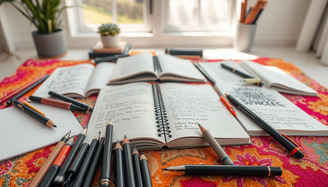 An assortment of journaling methods laid out on a vibrant, textured surface. In the foreground, various writing instruments, from pens and pencils to calligraphic nibs, are arranged neatly. The middle ground features open notebooks showcasing different journaling styles, from freeform writing to doodles and sketches. In the background, a clean, airy workspace with natural lighting sets the scene, evoking a sense of focus and creativity. The overall mood is one of exploration, inspiration, and the diverse ways to approach the mindful practice of journaling.