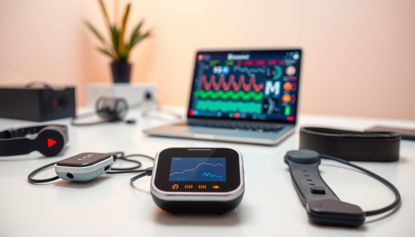 An elegant close-up view of various biofeedback sensors and equipment laid out on a clean, minimalist desk. In the foreground, a heart rate monitor, a skin conductance sensor, and a respiratory belt are neatly arranged, their sleek, modern design conveying a sense of technological sophistication. In the middle ground, a tablet or laptop displays a vibrant, data-rich biofeedback interface, with real-time visualizations of the user's physiological responses. The background is softly blurred, focusing the viewer's attention on the clinical yet inviting atmosphere, bathed in warm, diffused lighting that enhances the overall sense of calm and relaxation.