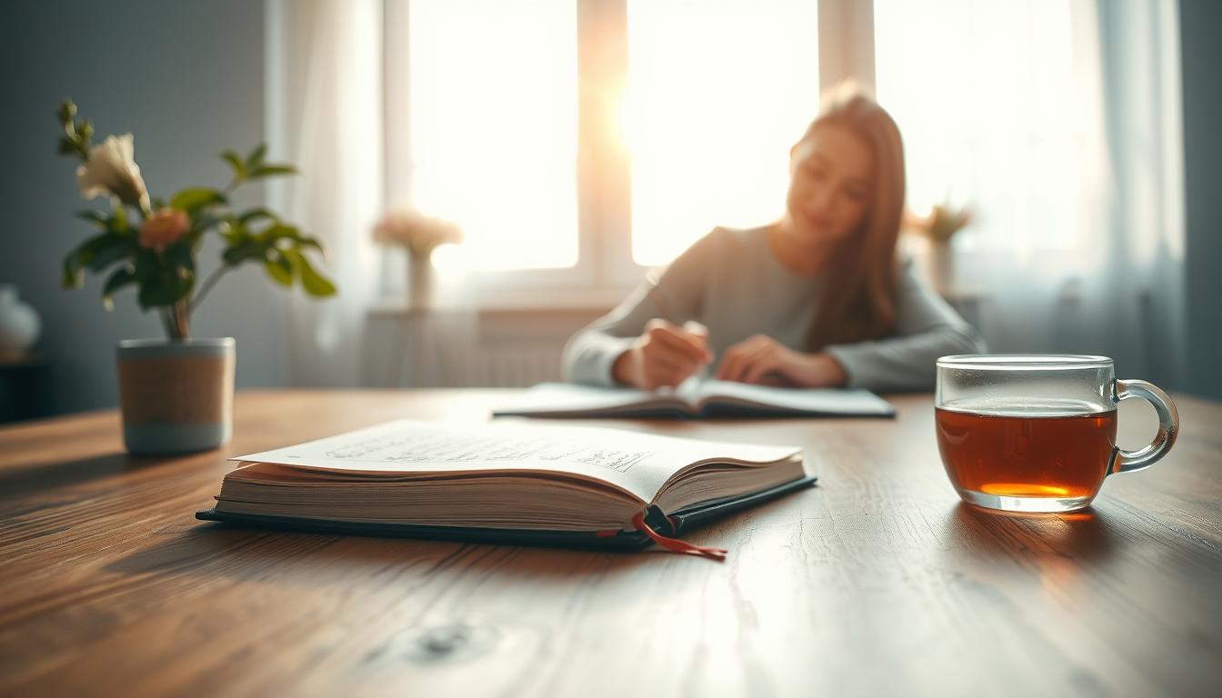 An elegantly composed scene of a serene, airy workspace where a person sits at a wooden table, intently journaling. Soft, diffused lighting filters through large windows, casting a warm, vibrant glow on the scene. In the foreground, a high-quality leather-bound journal lies open, its pages alive with the flow of expressive handwriting. Surrounded by minimal, thoughtfully curated decor - a potted plant, a simple vase of fresh flowers, and a cup of herbal tea - the environment evokes a sense of calm introspection. The person's face is softly obscured, allowing the viewer to imagine themselves in this serene space, engaged in the therapeutic process of emotional expression through journaling.