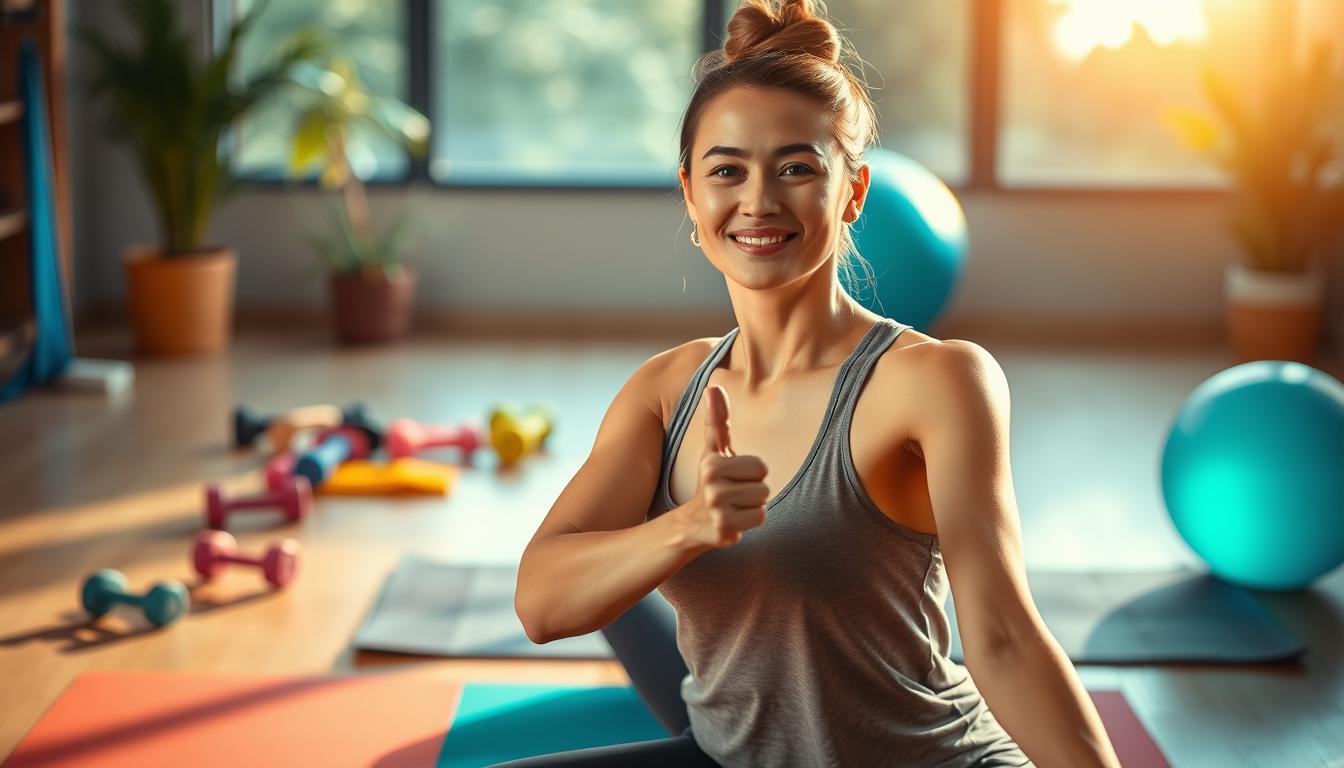 An energetic indoor exercise scene with a person doing yoga or Pilates poses on a colorful exercise mat. Soft, warm lighting illuminates the foreground, casting a vibrant, uplifting atmosphere. The middle ground features various fitness equipment like dumbbells, resistance bands, and a stability ball, hinting at the mood-boosting benefits of physical activity. The background blurs into a serene, nature-inspired setting, evoking a sense of holistic wellbeing. The model's expression radiates a sense of calm focus and positive energy, exemplifying the neuroscience of happiness through simple, everyday movement.