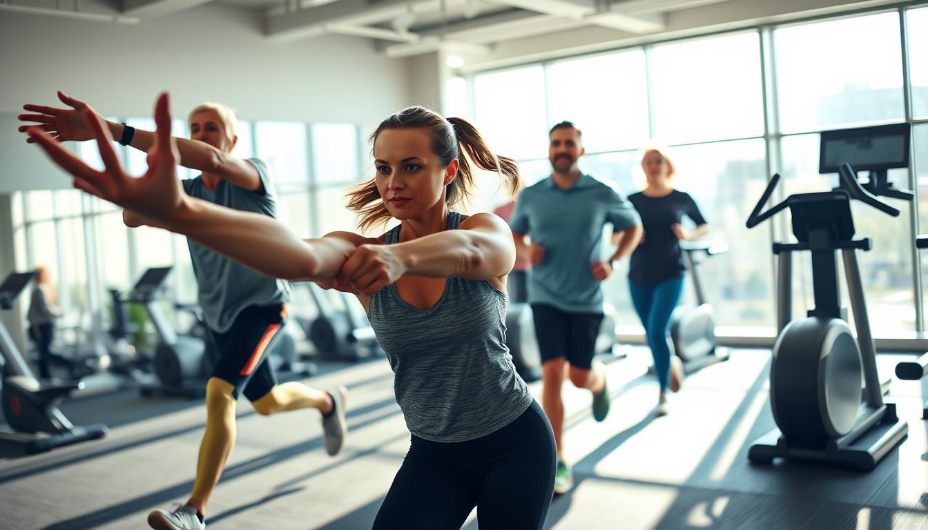 An energetic scene of people engaged in various exercises to balance cholesterol levels. In the foreground, a person performing dynamic stretches, their movements captured with a sharp, action-oriented lens. In the middle ground, a group of individuals jogging together on a sun-dappled path, their expressions focused and determined. In the background, a well-equipped fitness center with state-of-the-art cardio machines and free weights, bathed in vibrant, natural lighting. The overall atmosphere is one of vitality, health, and the powerful impact of exercise on cardiovascular well-being.