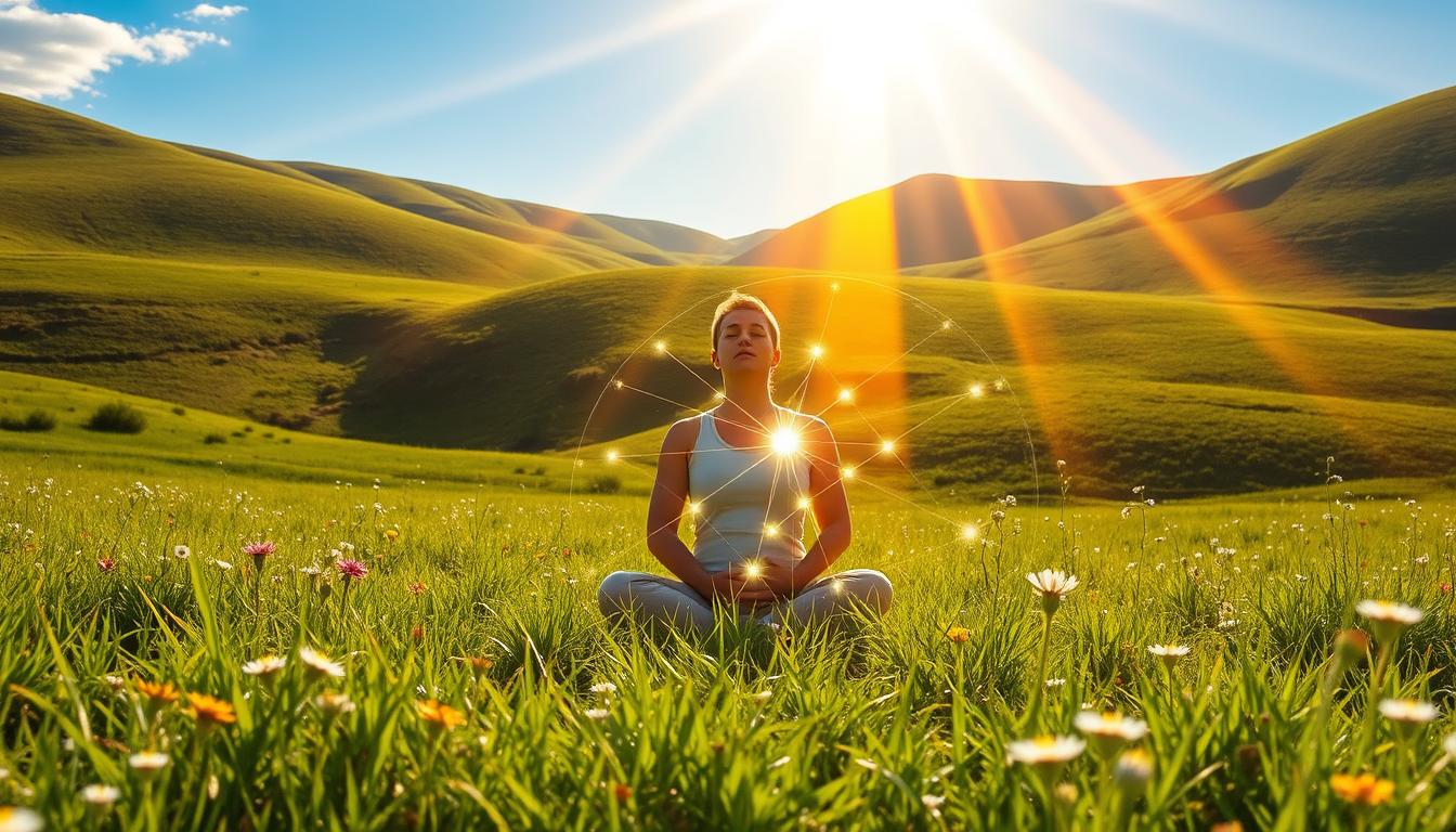 An idyllic meadow with lush, verdant grass and wildflowers in full bloom. In the foreground, a person sits cross-legged, hands resting on their thighs, eyes closed in a meditative pose. Rays of warm, golden sunlight stream down, casting a soft, ethereal glow. In the middle ground, a network of glowing energy lines emanate from the person, connecting them to the earth beneath. The background features rolling hills and a clear, azure sky, conveying a sense of tranquility and harmony. The scene is vibrant, serene, and illustrates the profound connection between the human body and the grounding energy of the natural world.