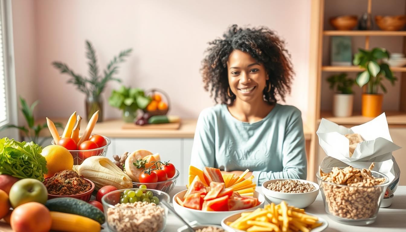 An indoor scene depicting the "emotional eating cycle intervention strategies". In the foreground, a person sitting at a table, surrounded by a variety of healthy snacks and meals - fresh fruits, vegetables, lean proteins, and whole grains. Their expression conveys a sense of mindfulness and control. In the middle ground, the person is shown in the act of preparing a nutritious meal, suggesting a shift towards healthier coping mechanisms. The background features calming, vibrant pastel hues, creating a serene and uplifting atmosphere. Soft, natural lighting illuminates the scene, emphasizing the positive, vibrant energy. The overall composition conveys a sense of balance, resilience, and the empowering process of breaking the stress-eating cycle. An indoor scene depicting the "emotional eating cycle intervention strategies". In the foreground, a person sitting at a table, surrounded by a variety of healthy snacks and meals - fresh fruits, vegetables, lean proteins, and whole grains. Their expression conveys a sense of mindfulness and control. In the middle ground, the person is shown in the act of preparing a nutritious meal, suggesting a shift towards healthier coping mechanisms. The background features calming, vibrant pastel hues, creating a serene and uplifting atmosphere. Soft, natural lighting illuminates the scene, emphasizing the positive, vibrant energy. The overall composition conveys a sense of balance, resilience, and the empowering process of breaking the stress-eating cycle.