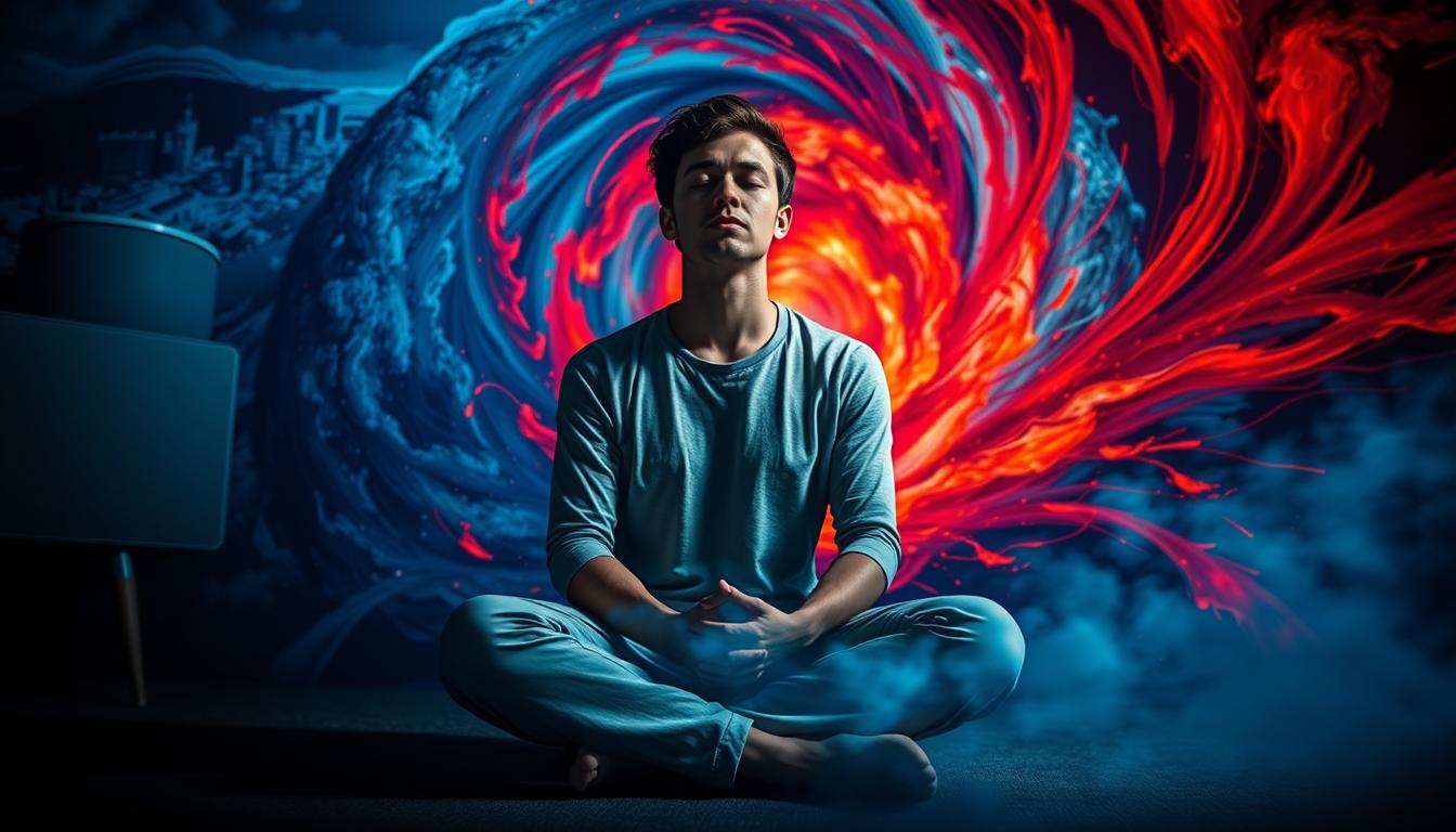 An intense, vibrant scene depicting the "10-minute rule" technique for resisting urges. In the foreground, a person sits cross-legged, eyes closed, hands resting on their knees, their expression serene yet determined. Surrounding them, a swirling vortex of vivid colors - blues, reds, and oranges - symbolizing the internal struggle and the power of mindfulness to weather the craving storm. In the background, a softly blurred cityscape or natural landscape, hinting at the larger context of everyday life. Dramatic chiaroscuro lighting casts dramatic shadows, heightening the sense of focus and inner strength. The overall atmosphere is one of tranquility amidst chaos, conveying the transformative potential of the 10-minute rule technique. An intense, vibrant scene depicting the "10-minute rule" technique for resisting urges. In the foreground, a person sits cross-legged, eyes closed, hands resting on their knees, their expression serene yet determined. Surrounding them, a swirling vortex of vivid colors - blues, reds, and oranges - symbolizing the internal struggle and the power of mindfulness to weather the craving storm. In the background, a softly blurred cityscape or natural landscape, hinting at the larger context of everyday life. Dramatic chiaroscuro lighting casts dramatic shadows, heightening the sense of focus and inner strength. The overall atmosphere is one of tranquility amidst chaos, conveying the transformative potential of the 10-minute rule technique.
