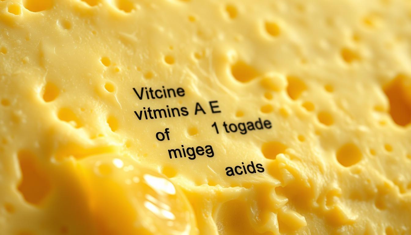 An intricate cross-section of butter, revealing the nutritional components within its creamy texture. In the foreground, saturated fat globules glisten under warm, vibrant lighting, while the middle ground showcases the presence of vitamins A and E, as well as omega-3 and omega-6 fatty acids. The background depicts the microscopic structure of the dairy matrix, highlighting the complex interplay of proteins, minerals, and other beneficial nutrients. Captured with a high-resolution macro lens, this image offers a visually stunning and informative glimpse into the nutritional profile of this versatile dairy fat.