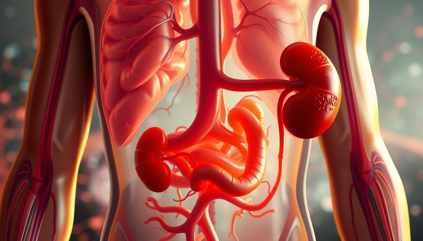 An intricate cross-section of the human body, showcasing the vital organs responsible for natural detoxification. In the foreground, the liver and kidneys stand out in vivid detail, their complex structures meticulously rendered. The middle ground features the intestines and lymphatic system, weaving a tapestry of interconnected pathways. In the background, a hazy, vibrant landscape of blood vessels and neural networks sets the stage, emphasizing the holistic nature of the body's detoxification processes. The lighting is soft and warm, casting a natural glow that enhances the organic textures and shapes. The overall composition conveys a sense of awe and wonder at the body's innate ability to cleanse and rejuvenate itself.