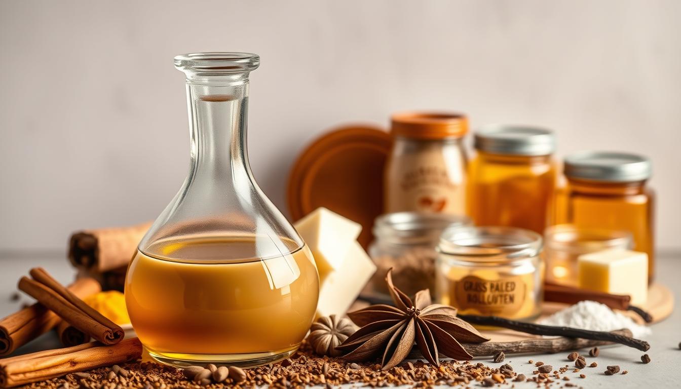 An intricately arranged still life capturing an array of low-carb flavor boosters for bulletproof coffee. In the foreground, a sleek glass decanter filled with smooth, creamy MCT oil, its surface glistening under warm, directional lighting. Surrounding it, an assortment of aromatic spices - cinnamon sticks, cardamom pods, and fragrant vanilla beans - carefully placed to create a sense of balance and visual harmony. In the middle ground, a collection of small, amber-hued glass jars, their lids open to reveal the rich, golden hues of grass-fed butter and collagen powder. The background features a clean, minimalist backdrop, allowing the vibrant swirling colors of the ingredients to take center stage, creating a sense of natural, earthy elegance.