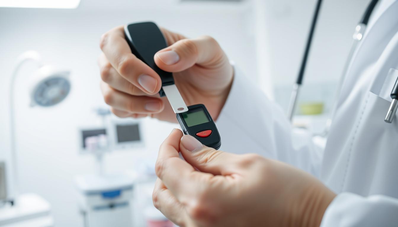 Detailed close-up of a medical professional's hands performing a cholesterol test, using a handheld medical device and test strip. The scene is set against a clean, well-lit clinical background, with medical equipment and supplies visible in the middle ground. The lighting is bright and even, emphasizing the precision and care of the procedure. The overall mood is one of professionalism and scientific inquiry, conveying the importance of accurately understanding one's cholesterol levels for the sake of heart health.