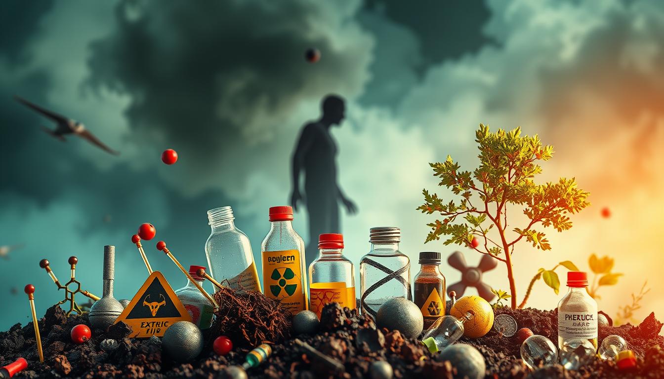 Detailed illustration of environmental carcinogens and associated health risks. Foreground depicts various toxic substances like heavy metals, pesticides, and industrial chemicals. Middle ground shows their dispersal through air, water, and soil. Background features a shadowy human figure representing cancer development. Vibrant color palette, dramatic lighting, and hazy atmosphere to convey the omnipresent, yet invisible nature of these hazards. Precise, technical rendering style to highlight the scientific and medical aspects. The image should inspire concern and awareness about environmental health threats.