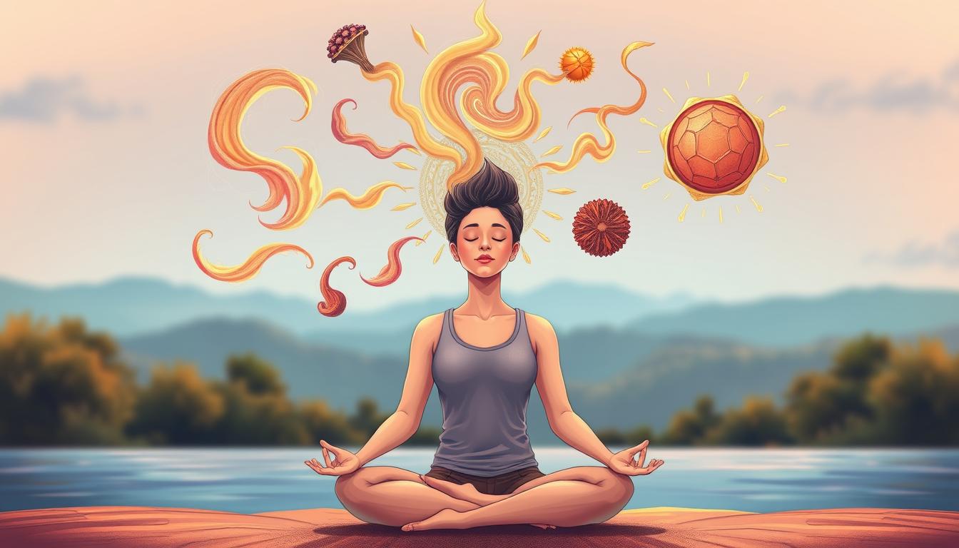 Detailed illustration showcasing various mindfulness techniques to curb cravings. The foreground depicts a serene, tranquil scene with a person in a meditative pose, eyes closed, radiating a sense of calm and focus. The middle ground features symbolic representations of cravings, such as swirling, vibrant shapes and textures, contrasting with the tranquility of the foreground. The background is a soft, blurred landscape, creating a sense of depth and emphasizing the inner journey of the mindfulness practice. The lighting is soft and warm, creating a comforting, introspective atmosphere. Rendered in a vibrant, yet soothing color palette, the overall image conveys the mind-body approach to curbing cravings without guilt or struggle. Detailed illustration showcasing various mindfulness techniques to curb cravings. The foreground depicts a serene, tranquil scene with a person in a meditative pose, eyes closed, radiating a sense of calm and focus. The middle ground features symbolic representations of cravings, such as swirling, vibrant shapes and textures, contrasting with the tranquility of the foreground. The background is a soft, blurred landscape, creating a sense of depth and emphasizing the inner journey of the mindfulness practice. The lighting is soft and warm, creating a comforting, introspective atmosphere. Rendered in a vibrant, yet soothing color palette, the overall image conveys the mind-body approach to curbing cravings without guilt or struggle.