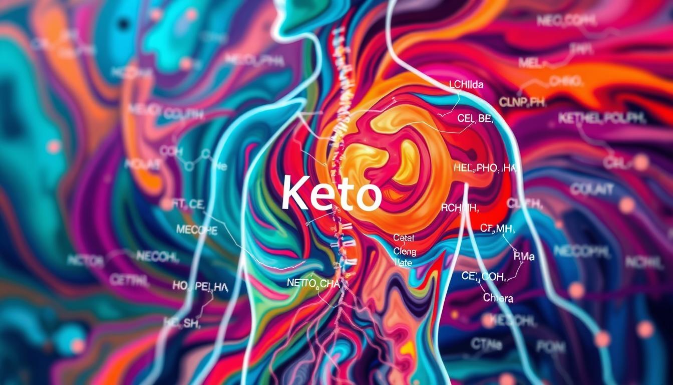 Detailed scientific diagram of metabolic pathways in the human body related to the keto diet, showcased through a visually striking and vibrant swirling blend of colors. Focus on the foreground with a close-up, high-resolution view of the complex biochemical reactions involved in ketosis, rendered with precise anatomical accuracy and technical precision. Surrounding this central focus, a middle ground of interconnected molecular structures and chemical formulas, all set against a blurred background of abstract, energetic brush strokes in a palette of rich, saturated hues.