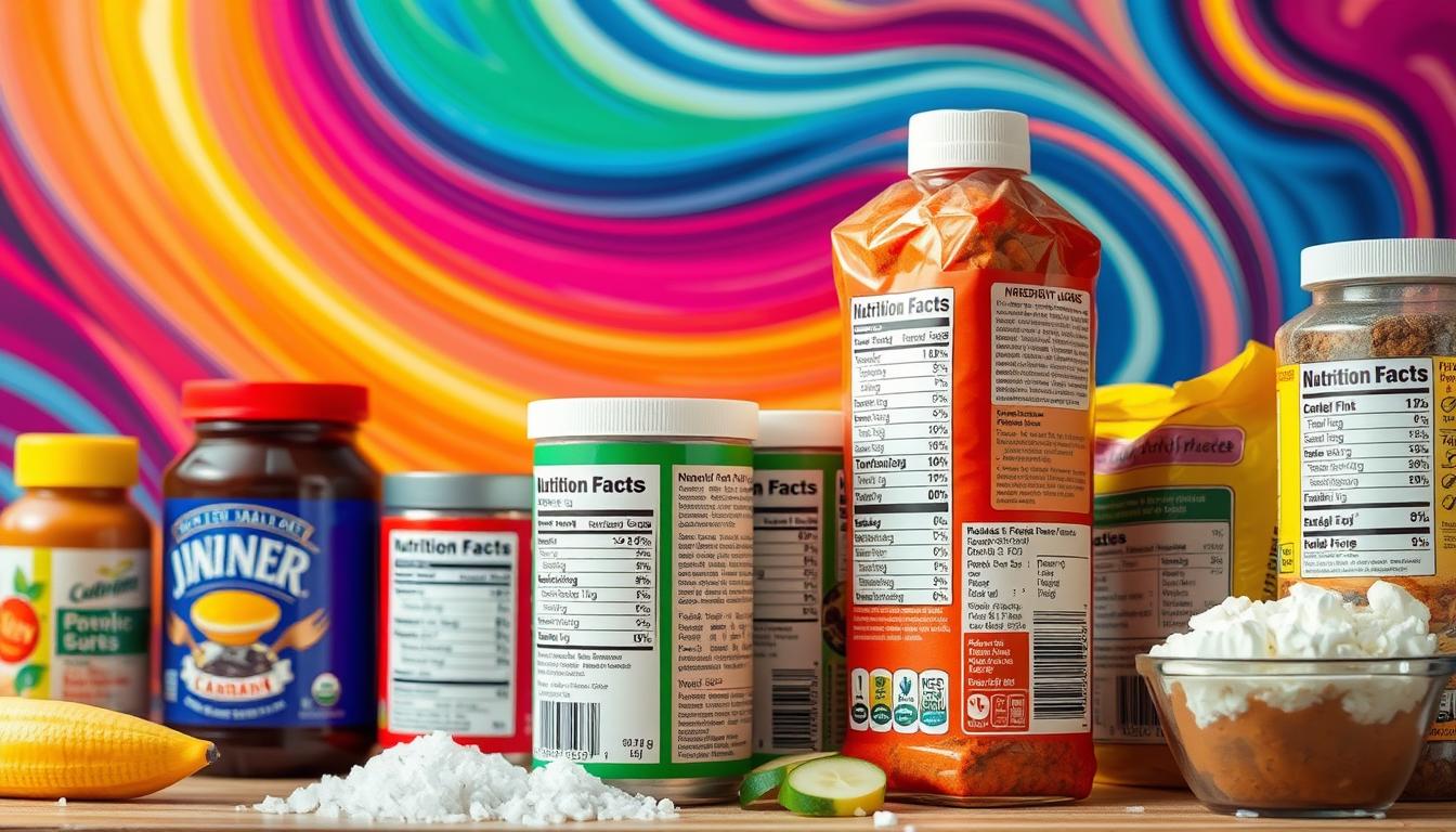 Detailed still-life composition showcasing various low-carb food products, their nutrition labels, and hidden sugars. Vibrant swirling colors in the background, with the labels and products positioned in the foreground, allowing the viewer to clearly examine the ingredients and nutritional information. Soft, natural lighting illuminates the scene, creating a sense of clarity and focus. The image should convey a sense of careful examination and understanding of how to spot deceptive low-carb marketing claims.