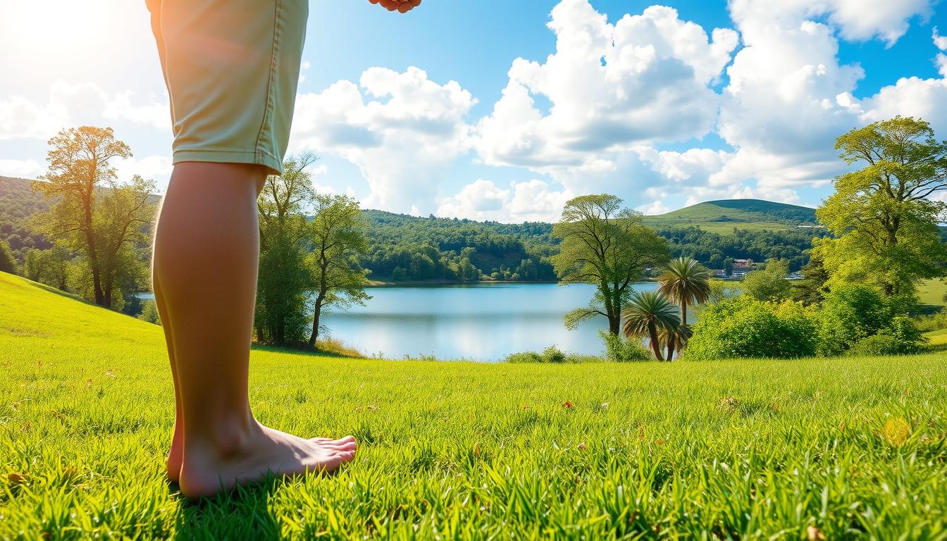 Detailed, vibrant landscape depicting the health benefits of grounding. In the foreground, a person standing barefoot on lush green grass, hands outstretched, basking in the warm glow of the sun. In the middle ground, a serene pond reflects the blue sky and fluffy white clouds above. Towering trees line the edges, their leaves rustling gently in a light breeze. The background showcases rolling hills, vibrant with verdant foliage. The overall scene conveys a sense of tranquility, connection, and the rejuvenating power of direct contact with the Earth. Soft, natural lighting enhances the peaceful, restorative atmosphere.