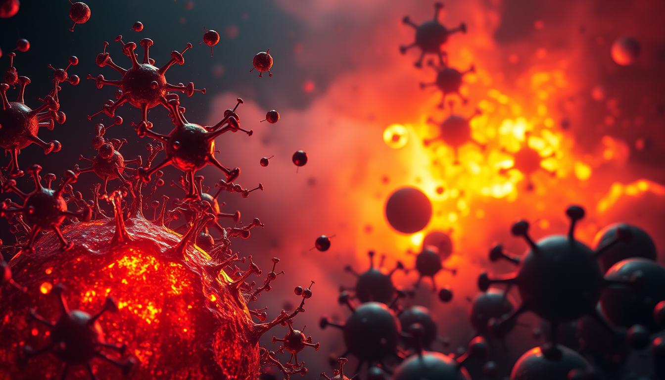 Dramatic scene of free radicals attacking cells, surrounded by vibrant oxidative stress. Foreground depicts angry, jagged free radical molecules swarming and bombarding fragile cell membranes. Middle ground shows cells under duress, with chaotic patterns of reactive oxygen species. Hazy, fiery background radiates an ominous glow, conveying the destructive power of this process. Dramatic lighting casts deep shadows, heightening the sense of danger. Rendered in a dark, moody palette with vibrant accents, this image captures the harmful, destabilizing impact of oxidative stress on cellular health.