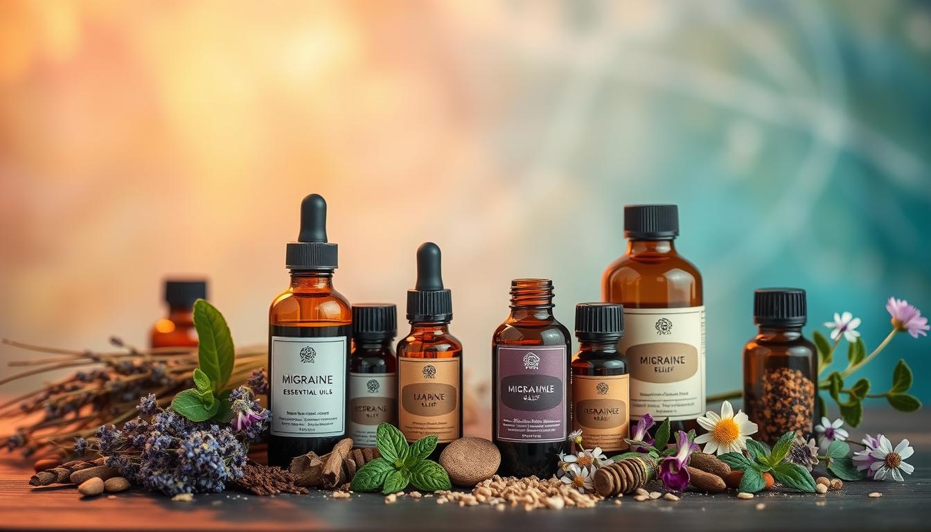 Elegant arrangement of essential oil bottles and organic botanicals against a vibrant, soft-focused background. Foreground features an assortment of glass bottles filled with various essential oils, their labels prominently displayed. Surrounding them, a carefully curated selection of fresh herbs, dried flowers, and other natural ingredients associated with migraine relief, such as lavender, peppermint, and chamomile. Warm, diffused lighting casts a soothing glow, creating a calming, spa-like atmosphere. The composition draws the viewer's eye to the essential oils, conveying their importance as a natural remedy for migraine symptoms. Elegant arrangement of essential oil bottles and organic botanicals against a vibrant, soft-focused background. Foreground features an assortment of glass bottles filled with various essential oils, their labels prominently displayed. Surrounding them, a carefully curated selection of fresh herbs, dried flowers, and other natural ingredients associated with migraine relief, such as lavender, peppermint, and chamomile. Warm, diffused lighting casts a soothing glow, creating a calming, spa-like atmosphere. The composition draws the viewer's eye to the essential oils, conveying their importance as a natural remedy for migraine symptoms.