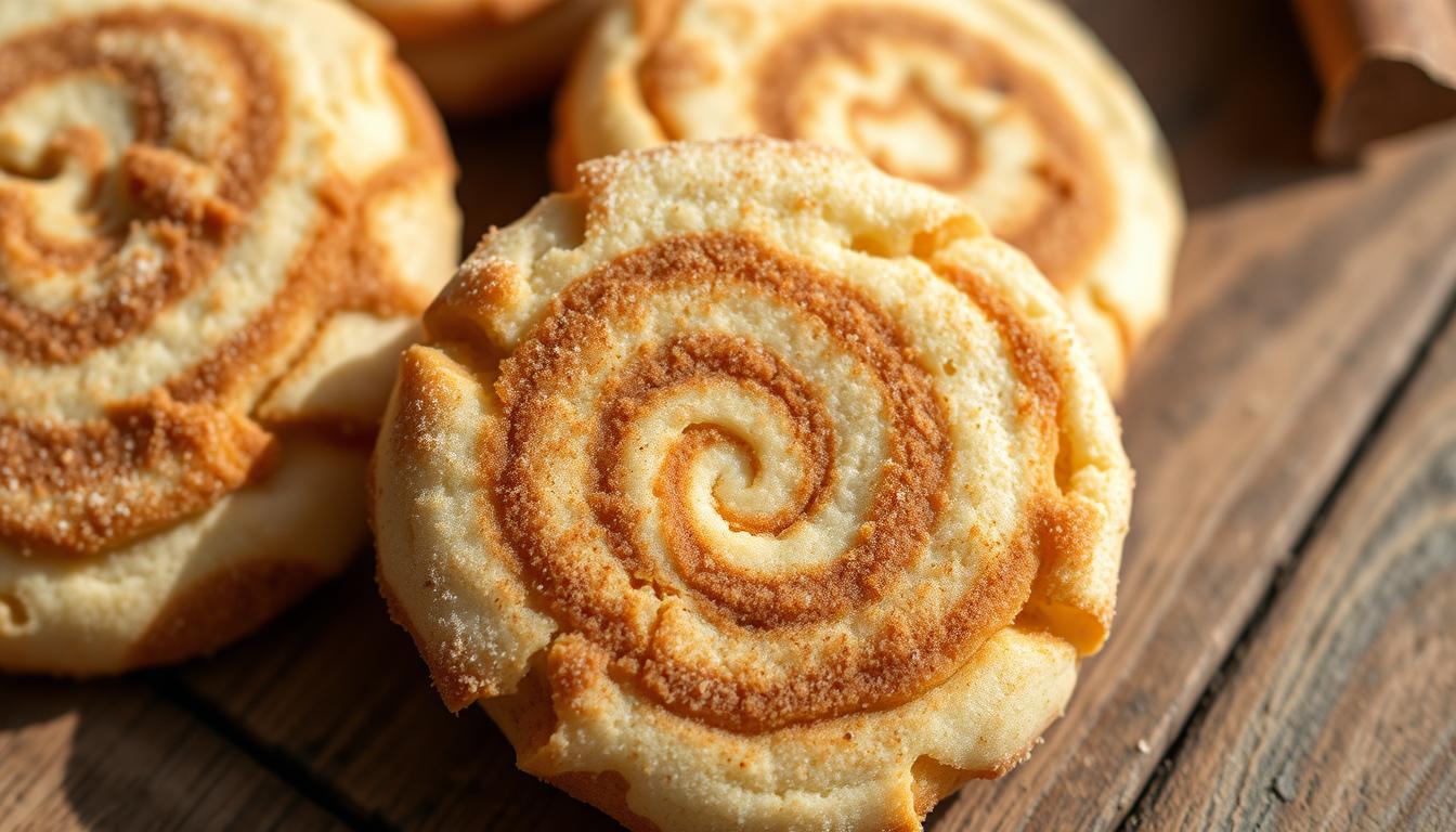 Freshly baked coconut flour snickerdoodle cookies, dusted with a light coating of cinnamon sugar, resting on a rustic wooden surface. Vibrant swirling colors of golden-brown, creamy white, and warm earth tones fill the frame. Soft, pillowy texture with delicate craquelure on the surface, captured in natural lighting that casts gentle shadows. The aroma of vanilla and toasted coconut wafts through the air, inviting the viewer to take a bite of these low-carb, guilt-free treats. Close-up perspective, high depth of field, slightly angled camera position to highlight the intricate details.