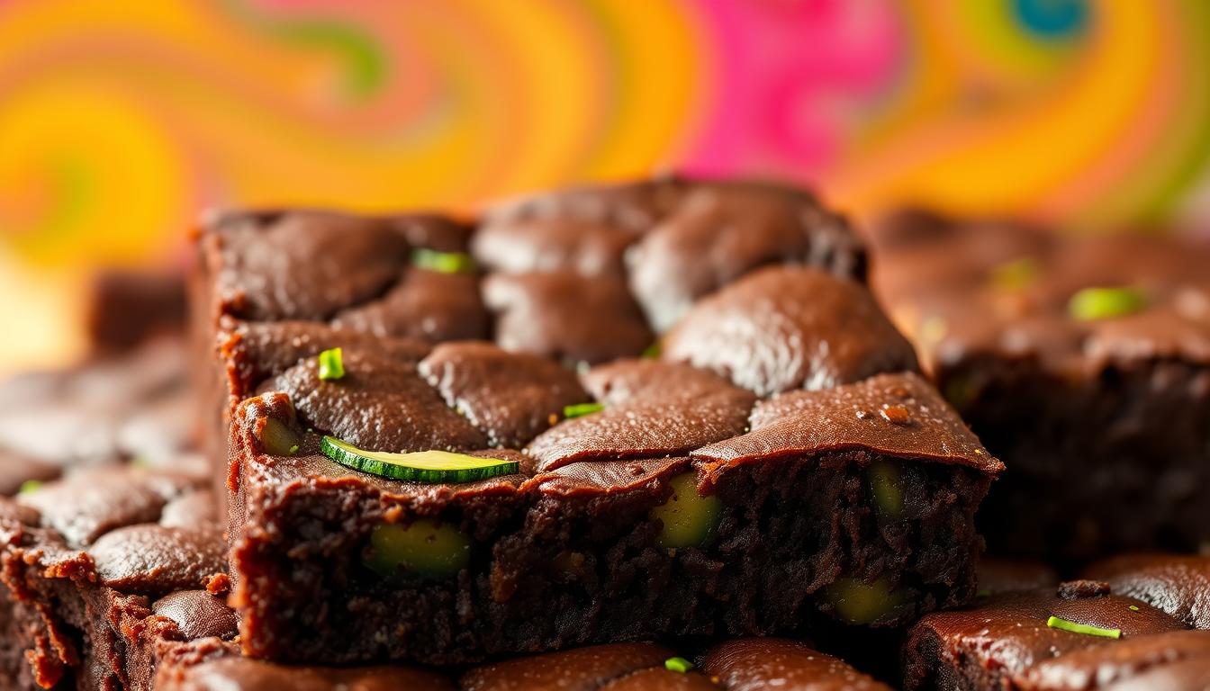 Freshly baked low-carb zucchini brownies with a rich, fudgy texture, glistening with a thin layer of moisture. The dense, dark chocolate batter is flecked with vibrant green shreds of zucchini, creating a visually appealing contrast. Warm backlighting illuminates the soft, yielding crumb, while a shallow depth of field keeps the focus on the enticing cross-section. Vibrant swirling colors in the background suggest a lively, welcoming atmosphere, inviting the viewer to indulge in this guilt-free, nutrient-dense dessert.