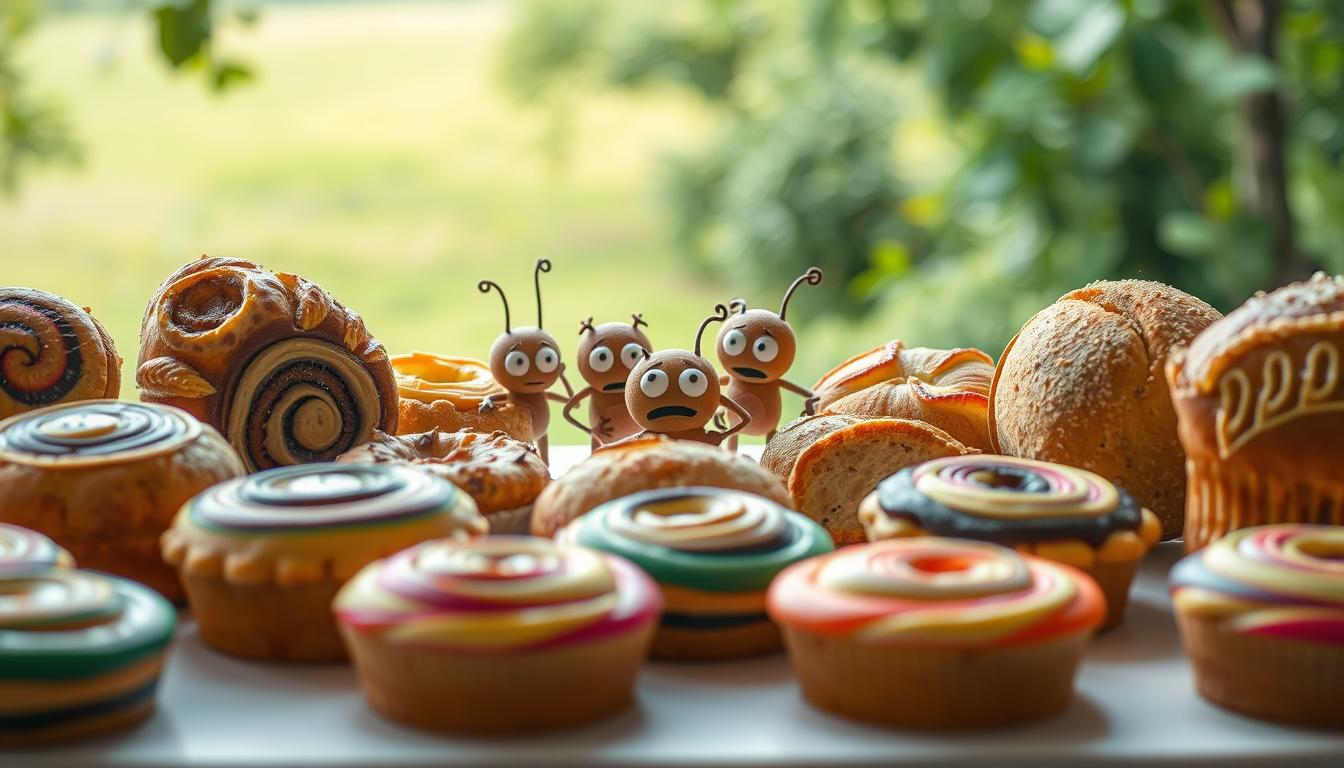 Gluten-free baked goods, masquerading as healthy treats, stand as sneaky saboteurs - tempting the unsuspecting with their alluring textures and flavors. In the foreground, an array of pastries and breads, their surfaces adorned with vibrant swirling colors, conceal the hidden carbohydrates within. Mid-frame, a group of mischievous baked goods, anthropomorphized as impish figures, plot their next deceptive move. The background scene depicts a lush, verdant landscape, hinting at the natural ingredients that should be the true heroes of a gluten-free diet. Soft, diffused lighting casts an air of deceptive innocence, masking the carbohydrate-laden reality of these gluten-free imposters.