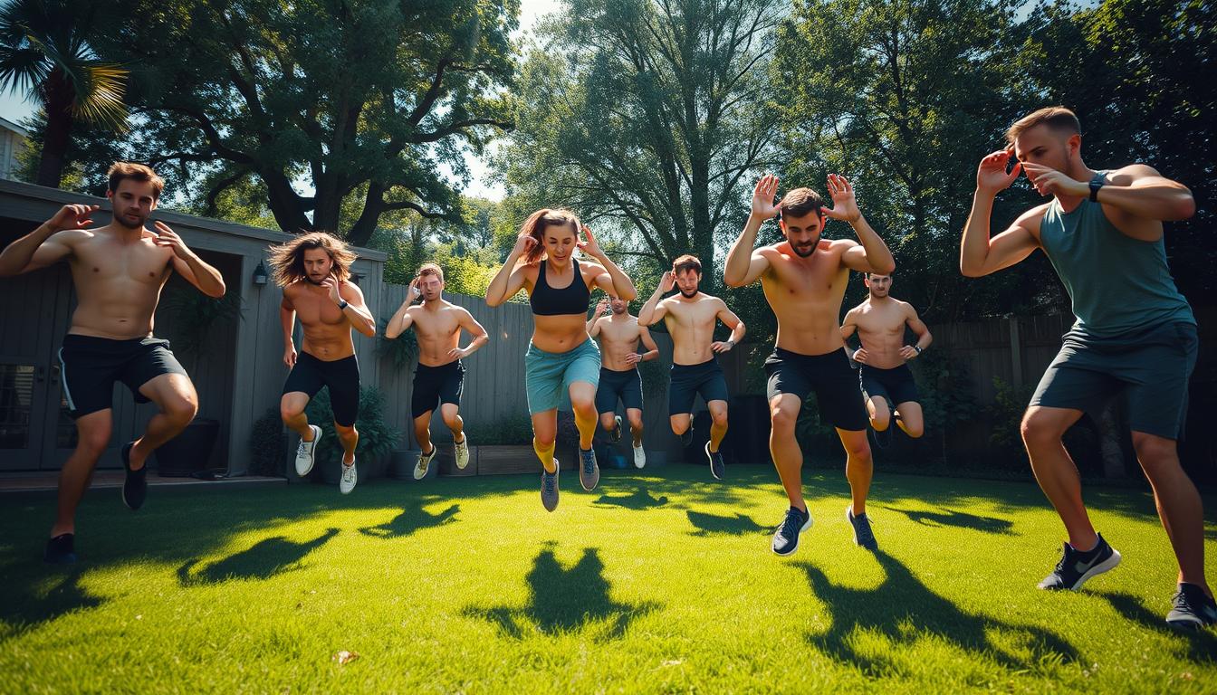 High-intensity interval training (HIIT) workout sequences in a backyard setting. A group of athletically-fit individuals performing dynamic exercises like jumping jacks, mountain climbers, and burpees on a lush green lawn. Bright sunlight beams down, casting dramatic shadows and highlights on their muscular physiques. The scene has a vibrant, energetic feel, with the subjects moving with purpose and intensity. The camera angle is slightly elevated, providing a dynamic, sweeping view of the action. The overall mood is one of strength, power, and determination, perfectly capturing the essence of an effective HIIT routine. High-intensity interval training (HIIT) workout sequences in a backyard setting. A group of athletically-fit individuals performing dynamic exercises like jumping jacks, mountain climbers, and burpees on a lush green lawn. Bright sunlight beams down, casting dramatic shadows and highlights on their muscular physiques. The scene has a vibrant, energetic feel, with the subjects moving with purpose and intensity. The camera angle is slightly elevated, providing a dynamic, sweeping view of the action. The overall mood is one of strength, power, and determination, perfectly capturing the essence of an effective HIIT routine.
