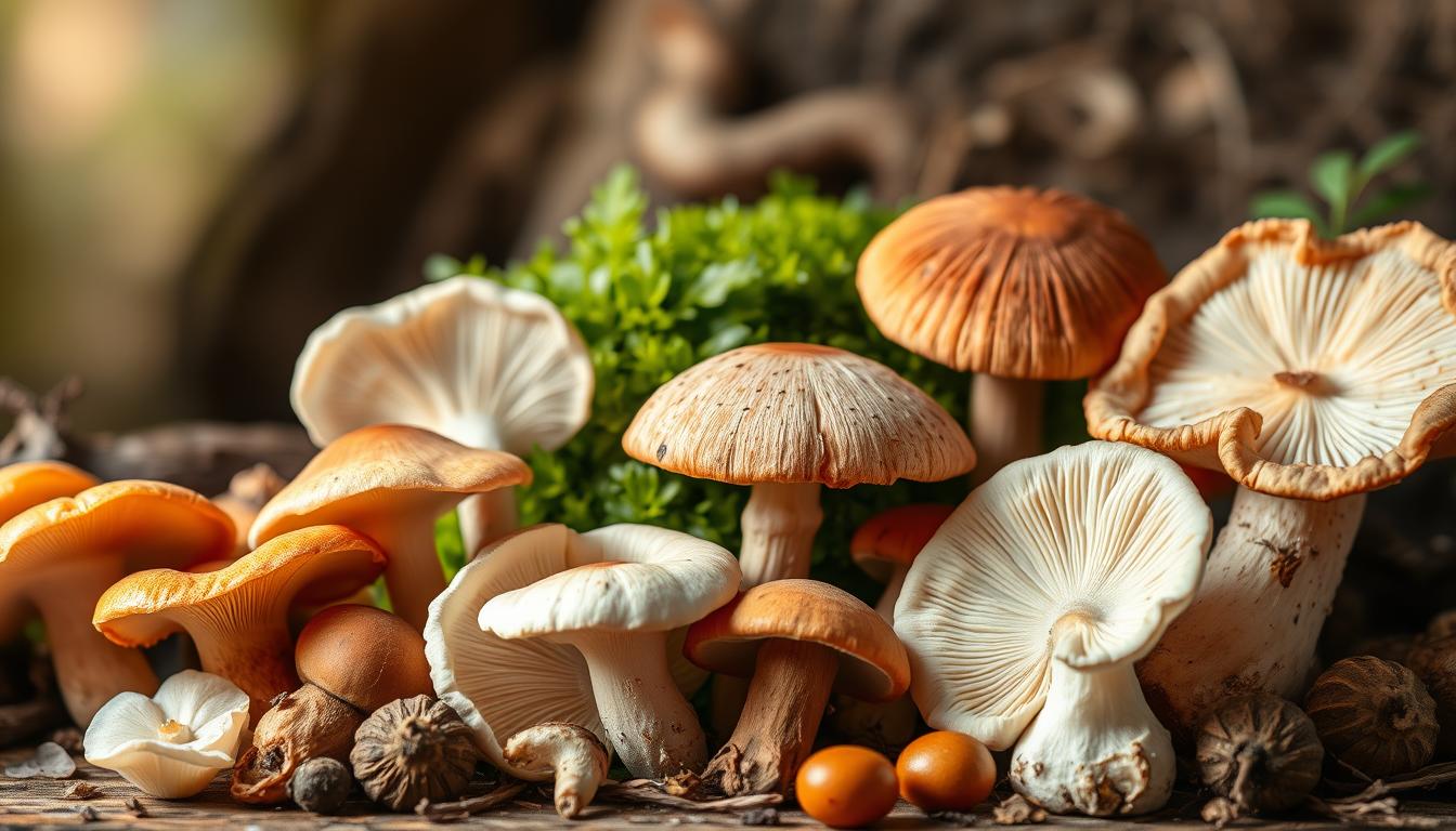 High-quality still life photograph of an assortment of fresh, vibrant mushrooms against a natural, earthy background. The mushrooms should be in the foreground, showcasing their varying shapes, textures, and colors - from delicate oyster mushrooms to robust shiitake and earthy porcini. The middle ground features lush, green foliage, perhaps moss or ferns, hinting at the mushrooms' forest habitat. The background should be softly blurred, with hints of warm, natural lighting, creating a serene, calming atmosphere that evokes the restorative properties of these fungi. The overall composition should highlight the mushrooms' role as a potent prebiotic, nurturing gut health through their diverse array of beneficial compounds.