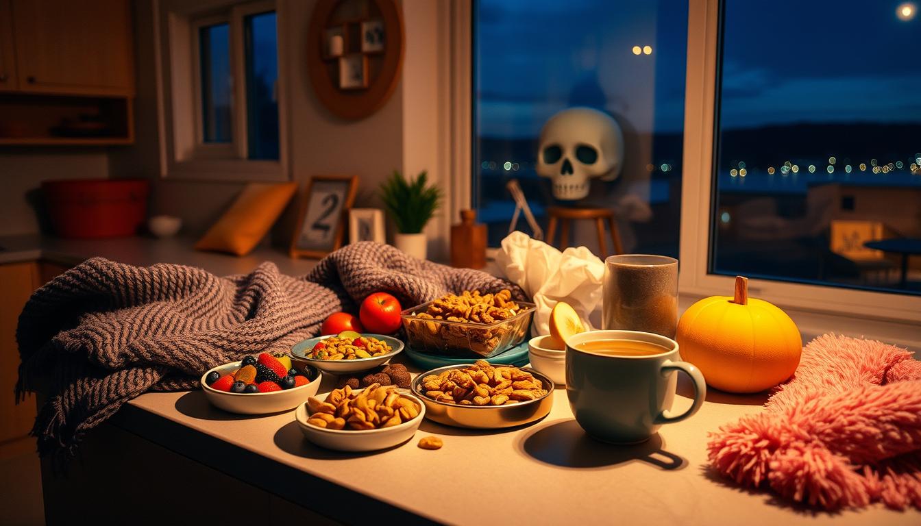 Late-night kitchen counter illuminated by warm, inviting lighting. Assortment of healthy, comforting snacks arranged artfully - fresh fruit, trail mix, yogurt-covered nuts, and a steaming mug of herbal tea. Soft, cozy textures like plush throw blankets and fluffy pillows create a relaxing ambiance. Vibrant pops of color from the snacks and accents lend a sense of vitality. A large window overlooking a serene nighttime landscape adds a calming, peaceful element. The overall scene conveys a sense of mindful indulgence and self-care during a late-night craving. Late-night kitchen counter illuminated by warm, inviting lighting. Assortment of healthy, comforting snacks arranged artfully - fresh fruit, trail mix, yogurt-covered nuts, and a steaming mug of herbal tea. Soft, cozy textures like plush throw blankets and fluffy pillows create a relaxing ambiance. Vibrant pops of color from the snacks and accents lend a sense of vitality. A large window overlooking a serene nighttime landscape adds a calming, peaceful element. The overall scene conveys a sense of mindful indulgence and self-care during a late-night craving.