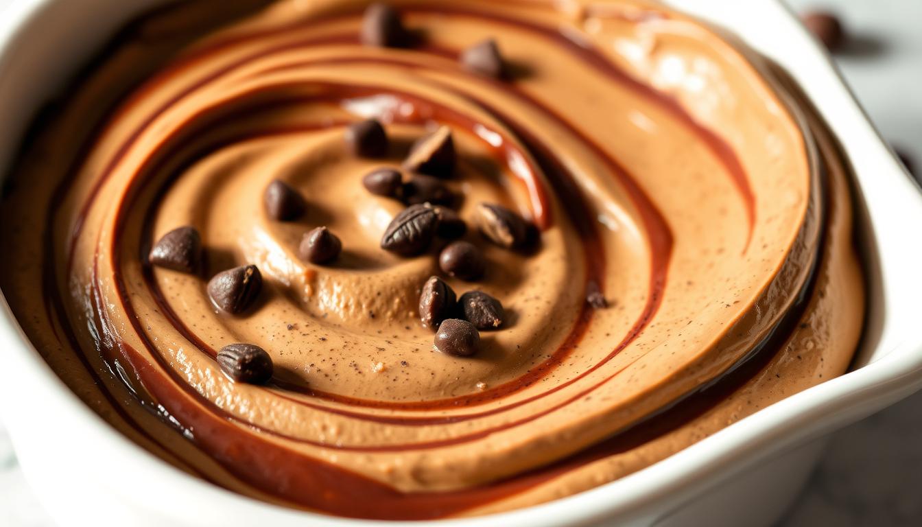 Lush, velvety avocado chocolate mousse swirls with ribbons of deep cocoa and glistening cacao nibs. The smooth, creamy texture fills the frame, tempting the viewer with its rich, indulgent appearance. Overhead lighting casts a warm, soft glow, highlighting the dessert's natural hues and casting dynamic shadows that add depth and dimension. The mousse is presented in a simple, minimalist white dish, allowing the vibrant colors and textures to take center stage. The overall mood is one of decadence and sophistication, inviting the viewer to indulge in this healthier, low-carb twist on a classic treat.