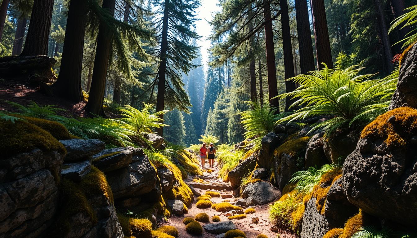 Lush, verdant Pacific Crest wilderness, sun-dappled trails winding through ancient forests. Towering pines and ferns frame the path, inviting hikers to embark on a journey of renewal. Rugged, weathered rocks border the trail, their craggy surfaces contrasting with the soft, mossy undergrowth. The air is crisp and clean, infused with the earthy scent of damp earth and the sweet fragrance of wildflowers. Hikers' footsteps echo softly, their bodies in sync with the rhythm of the natural world. Vibrant hues of green, brown, and ochre create a sense of vibrant, rejuvenating energy, inspiring visitors to reconnect with the wilderness and shed the weight of the world. Lush, verdant Pacific Crest wilderness, sun-dappled trails winding through ancient forests. Towering pines and ferns frame the path, inviting hikers to embark on a journey of renewal. Rugged, weathered rocks border the trail, their craggy surfaces contrasting with the soft, mossy undergrowth. The air is crisp and clean, infused with the earthy scent of damp earth and the sweet fragrance of wildflowers. Hikers' footsteps echo softly, their bodies in sync with the rhythm of the natural world. Vibrant hues of green, brown, and ochre create a sense of vibrant, rejuvenating energy, inspiring visitors to reconnect with the wilderness and shed the weight of the world.