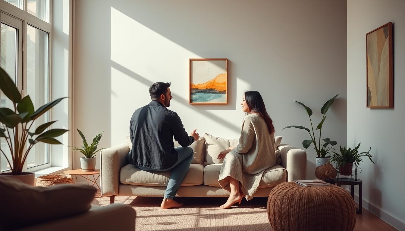 Minimalist living room filled with natural light, two people sitting on a couch in conversation, their body language conveying a sense of connection and emotional intimacy. Soft, muted color palette with earthy tones, clean lines, and uncluttered surfaces. Potted plants and a single piece of abstract wall art add subtle pops of vibrant color. The scene radiates a calming, introspective atmosphere, suggesting how a minimalist lifestyle can foster meaningful social bonds and emotional well-being.