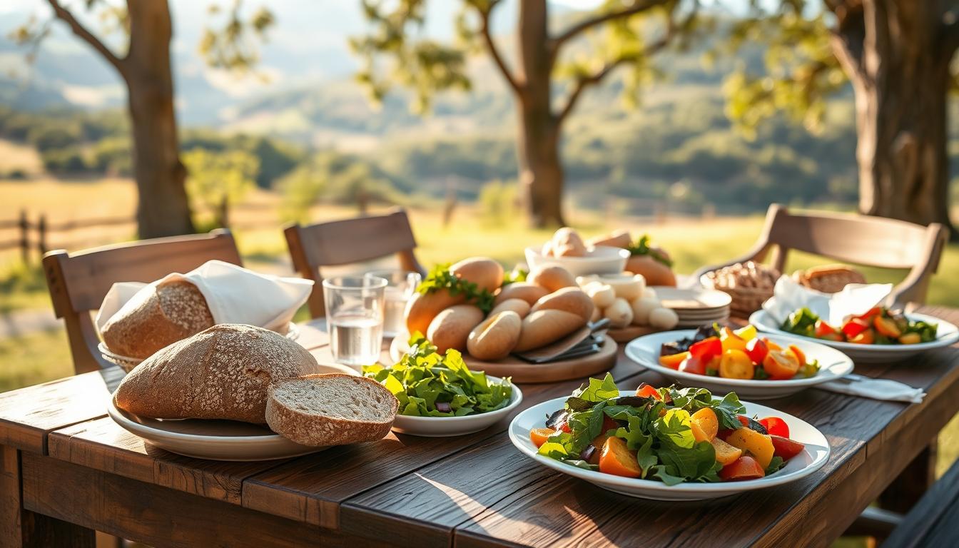 Outdoor dining scene with a rustic wooden table set for a whole grain meal. On the table, an assortment of hearty whole grain breads, salads with leafy greens, and vibrant roasted vegetables. Afternoon sunlight filters through the trees, casting a warm, golden glow over the scene. In the background, a picturesque landscape with rolling hills and a distant forest. The overall atmosphere is one of simple, wholesome elegance, inviting the viewer to linger and savor the healthy, flavorful spread. Outdoor dining scene with a rustic wooden table set for a whole grain meal. On the table, an assortment of hearty whole grain breads, salads with leafy greens, and vibrant roasted vegetables. Afternoon sunlight filters through the trees, casting a warm, golden glow over the scene. In the background, a picturesque landscape with rolling hills and a distant forest. The overall atmosphere is one of simple, wholesome elegance, inviting the viewer to linger and savor the healthy, flavorful spread.