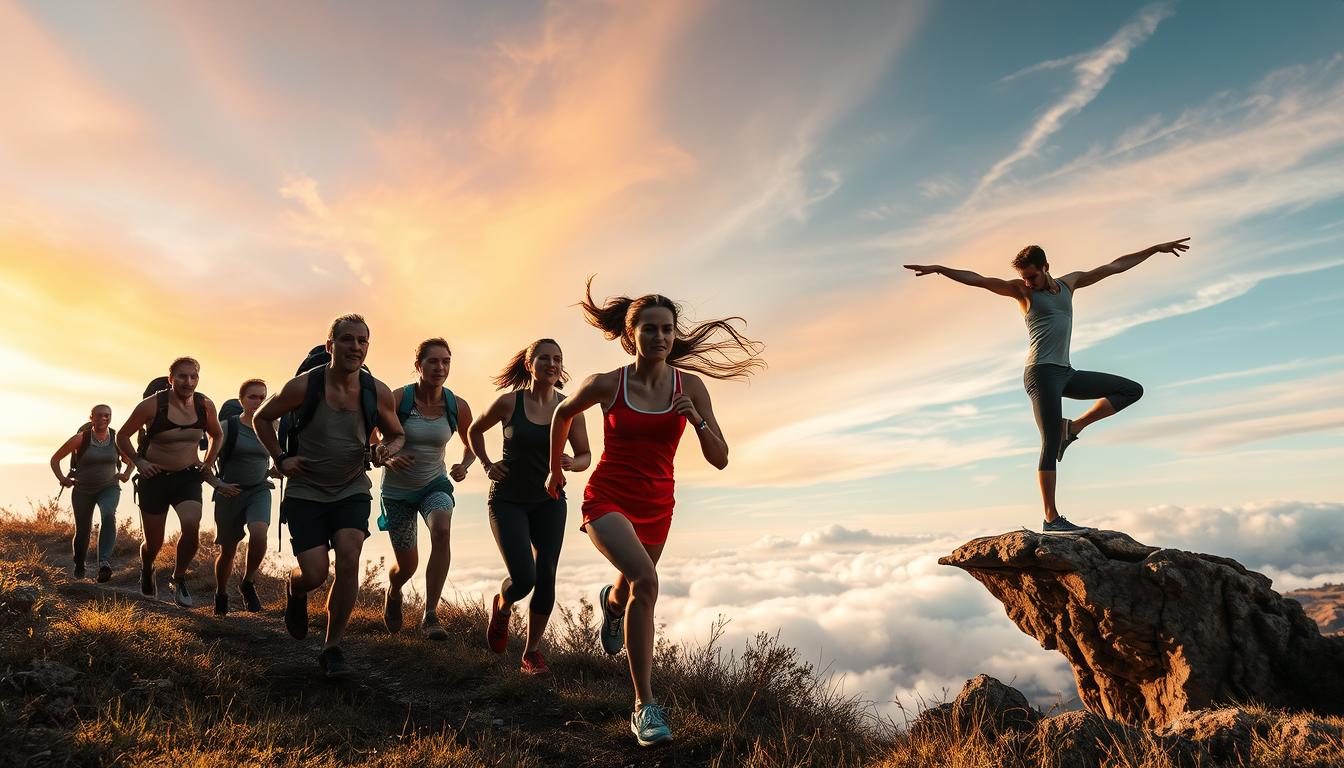 Outdoor fitness challenges weather adaptation: A dynamic scene depicting individuals engaged in various physical activities amidst changing environmental conditions. In the foreground, a group of hikers navigates a rugged trail, their bodies glistening with sweat as they push through the elements. The middle ground features a pair of runners battling against a strong wind, their hair and clothing billowing. In the background, a yoga practitioner balances gracefully on a cliffside, framed by a vibrant, ever-shifting sky. The lighting is warm and natural, casting a golden glow on the scene. The overall atmosphere is one of determination, resilience, and a sense of connection with the great outdoors.
