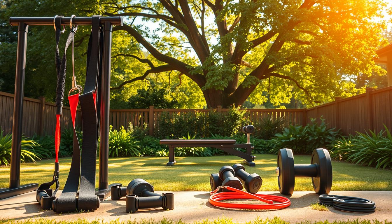 Outdoor fitness equipment essentials: a dynamic composition in a vibrant backyard setting. In the foreground, various workout tools stand ready - a sturdy pull-up bar, heavy-duty resistance bands, a set of free weights, and a sleek jump rope. The middle ground features a sturdy workout bench surrounded by lush greenery, casting soft shadows across the scene. In the background, a towering tree canopy filters the warm sunlight, creating a dappled pattern on the ground. The overall atmosphere exudes a sense of rejuvenation and energy, inviting the viewer to imagine an invigorating outdoor fitness routine. Outdoor fitness equipment essentials: a dynamic composition in a vibrant backyard setting. In the foreground, various workout tools stand ready - a sturdy pull-up bar, heavy-duty resistance bands, a set of free weights, and a sleek jump rope. The middle ground features a sturdy workout bench surrounded by lush greenery, casting soft shadows across the scene. In the background, a towering tree canopy filters the warm sunlight, creating a dappled pattern on the ground. The overall atmosphere exudes a sense of rejuvenation and energy, inviting the viewer to imagine an invigorating outdoor fitness routine.