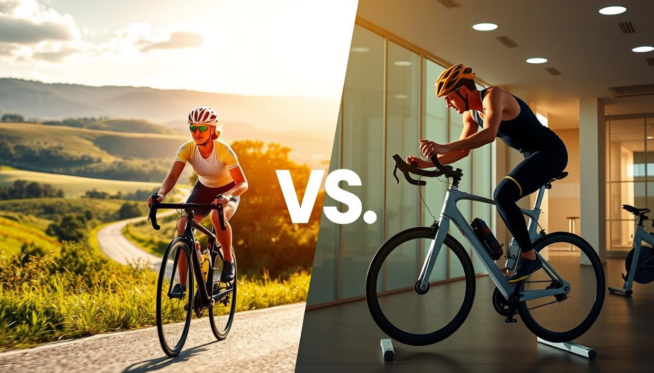 Outdoor vs. indoor cycling: a dynamic contrast of calorie-burning landscapes. In the foreground, a cyclist powers through a sun-dappled country road, surrounded by lush greenery and rolling hills. In the middle ground, another cyclist pedals furiously on a sleek stationary bike, their surroundings a vibrant, minimalist indoor gym. The background alternates between the vast, vibrant outdoors and the confined, yet equally vibrant indoor space, highlighting the distinct experiences and calorie-torching potential of each setting. Warm, natural lighting bathes the outdoor scene, while the indoor gym is illuminated by cool, focused lighting, creating a captivating visual dichotomy. This dynamic composition captures the essence of the "Calorie Torching Face-Off: Road vs. Rubber Belt" narrative, inviting the viewer to explore the nuances of cycling's calorie-burning potential in diverse environments. Prompt
