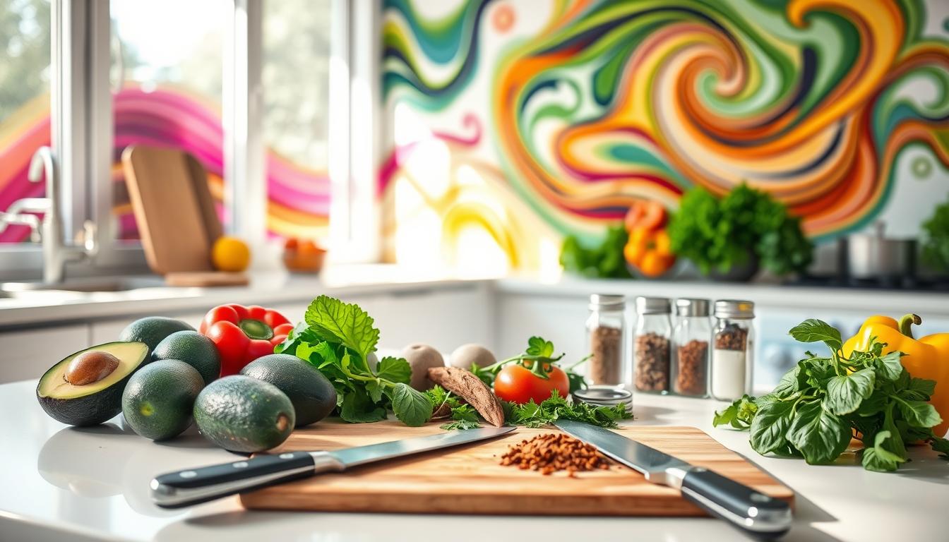 Pristine kitchen counter with an assortment of fresh, low-carb ingredients - avocados, leafy greens, colorful bell peppers, and a selection of spices. In the foreground, a cutting board with a chef's knife, ready for meal prep. Sunlight streams in through large windows, casting a warm, natural glow across the scene. Vibrant swirling colors in the background, hinting at the flavorful, effortless cooking to come. A minimalist, serene atmosphere that evokes the ease of low-carb meal planning.