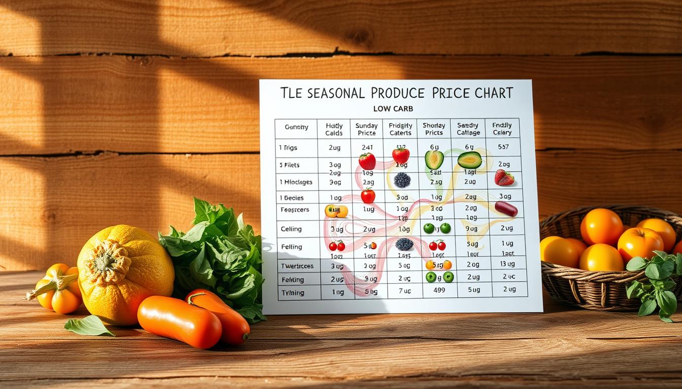 Seasonal produce price chart for low carb shopping, displayed on a wooden table with a rustic, earthy backdrop. The chart is rendered in a clean, minimalist style with vibrant swirling colors highlighting the various fruits and vegetables. The lighting is soft and natural, casting warm shadows that enhance the organic feel. The composition emphasizes the chart's simplicity and practicality, guiding the viewer's eye through the essential information. The overall atmosphere is one of approachable wellness and accessible healthy living.