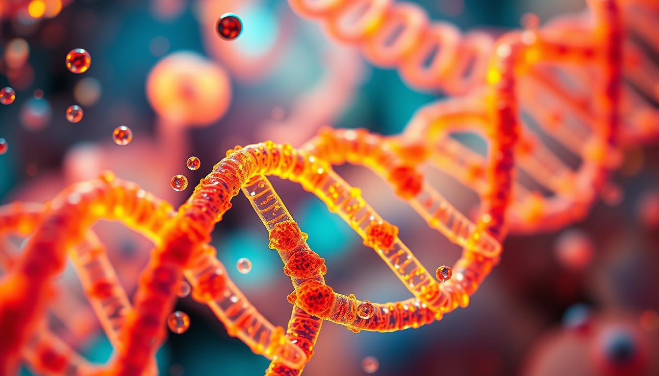 Telomeres and Cellular Aging: A Vibrant Microscopic Journey An intricate microscopic scene, showcasing the vital telomeres - the protective caps at the ends of chromosomes. Illuminated by warm, vibrant lighting, the scene reveals the telomeres' dynamic interplay with the aging process. Crisp details highlight the complex DNA structures, while a sense of motion and energy permeates the composition. Vibrant hues of blues, greens, and oranges create a visually captivating and scientifically accurate depiction of this important genetic factor in longevity. Telomeres and Cellular Aging: A Vibrant Microscopic Journey An intricate microscopic scene, showcasing the vital telomeres - the protective caps at the ends of chromosomes. Illuminated by warm, vibrant lighting, the scene reveals the telomeres' dynamic interplay with the aging process. Crisp details highlight the complex DNA structures, while a sense of motion and energy permeates the composition. Vibrant hues of blues, greens, and oranges create a visually captivating and scientifically accurate depiction of this important genetic factor in longevity.